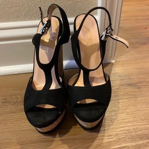LIKE NEW black suede cork wedges